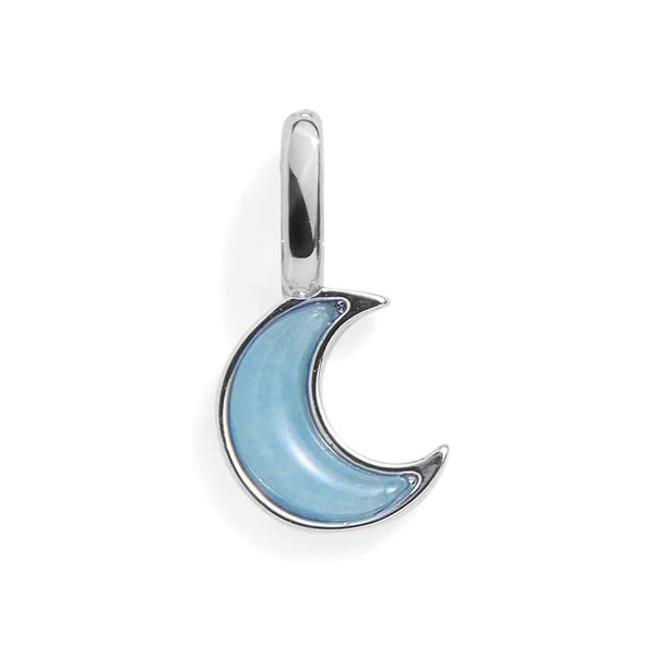 Elegant Aquamarine Moon Charm for Your Jewelry - Wearing Felicity Aquamarine-Moon-Charm-Silver