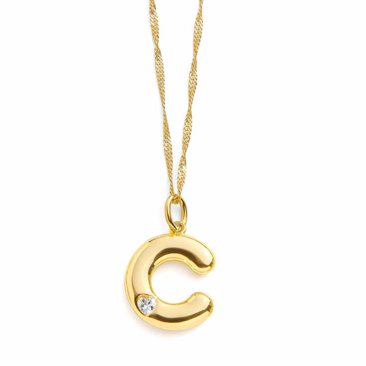 Personalized Bubble Letter Initial Necklace - Wearing Felicity Bubble-Letter-Initial-Necklace-Gold-C