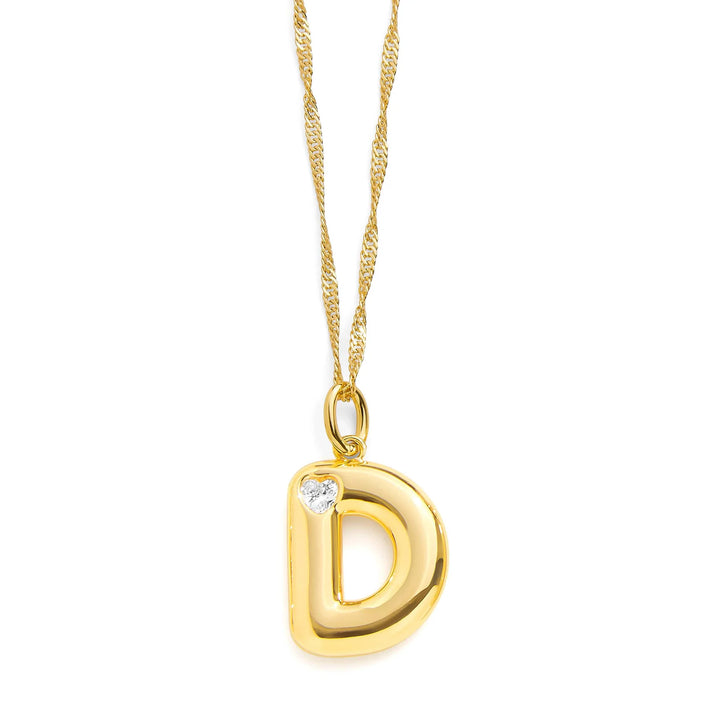 Personalized Bubble Letter Initial Necklace - Wearing Felicity Bubble-Letter-Initial-Necklace-Gold-D