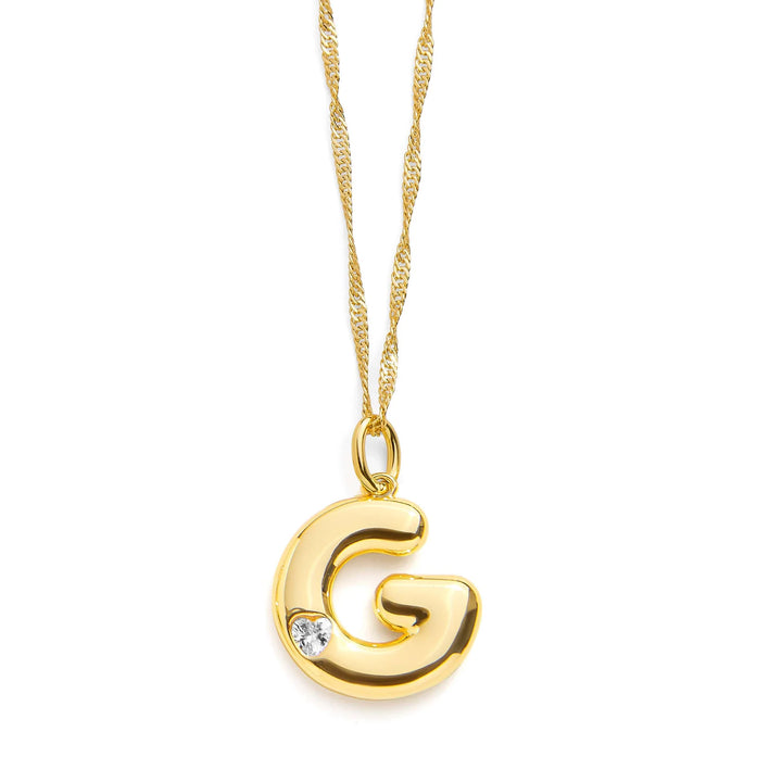 Personalized Bubble Letter Initial Necklace - Wearing Felicity Bubble-Letter-Initial-Necklace-Gold-G