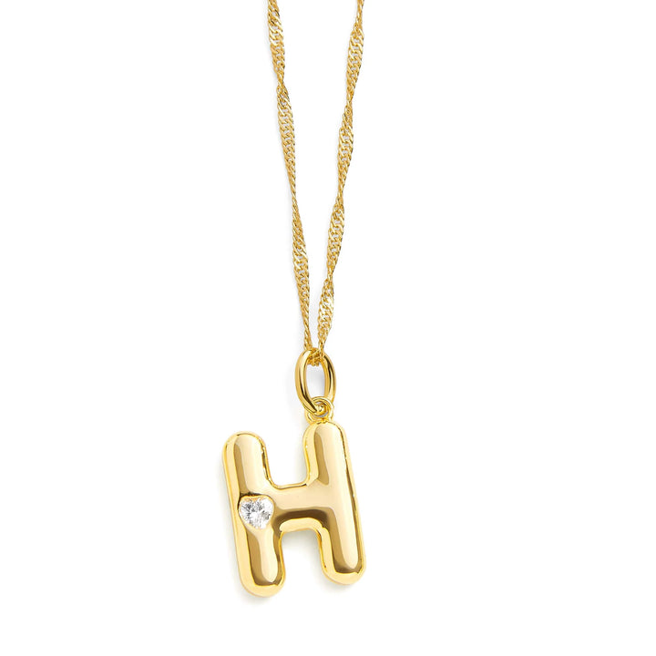 Personalized Bubble Letter Initial Necklace - Wearing Felicity Bubble-Letter-Initial-Necklace-Gold-H