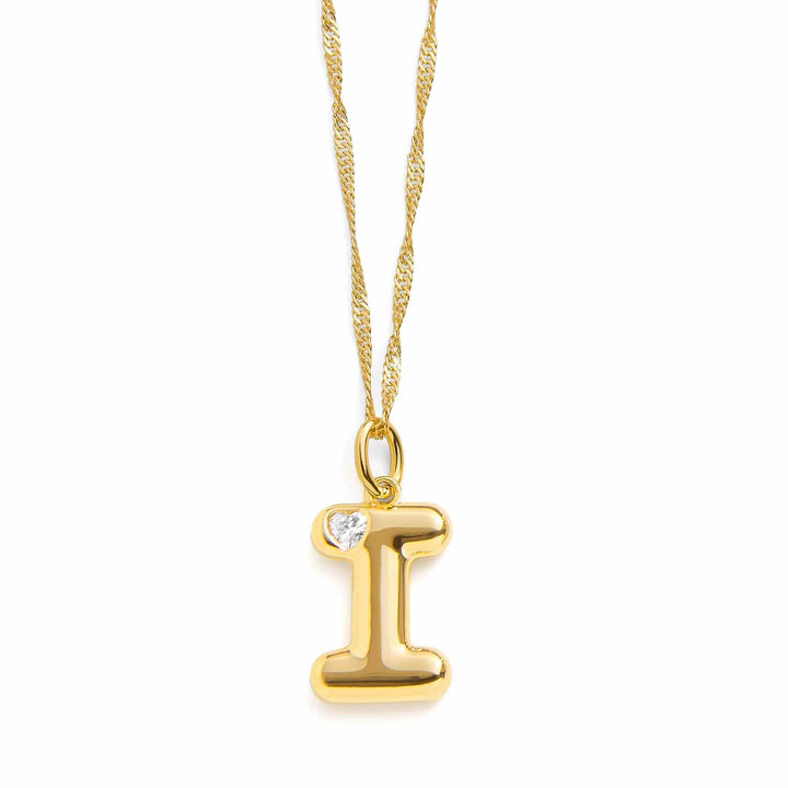 Personalized Bubble Letter Initial Necklace - Wearing Felicity Bubble-Letter-Initial-Necklace-Gold-I