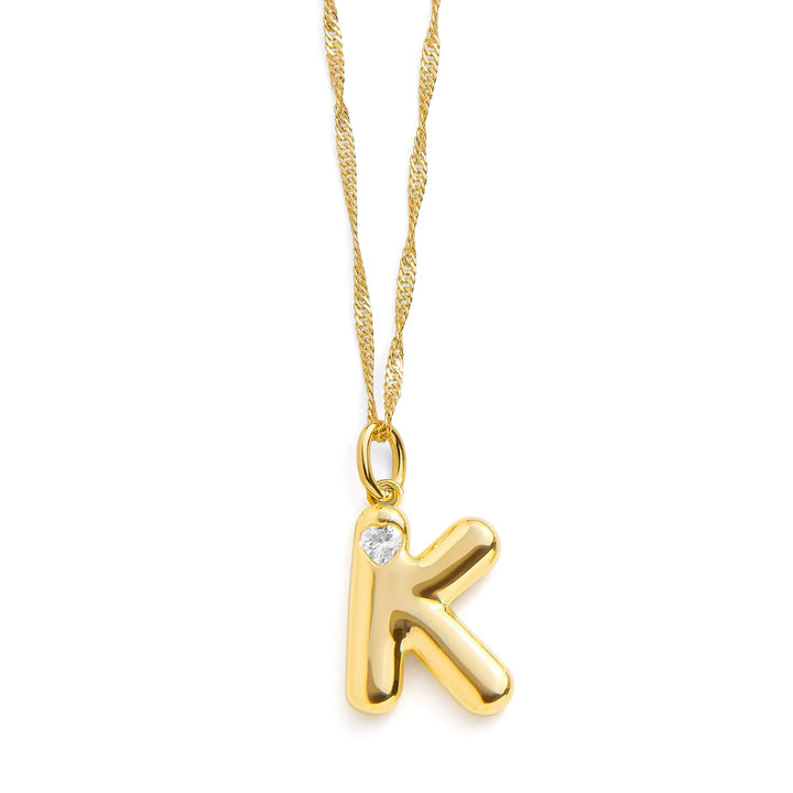 Personalized Bubble Letter Initial Necklace - Wearing Felicity Bubble-Letter-Initial-Necklace-Gold-K