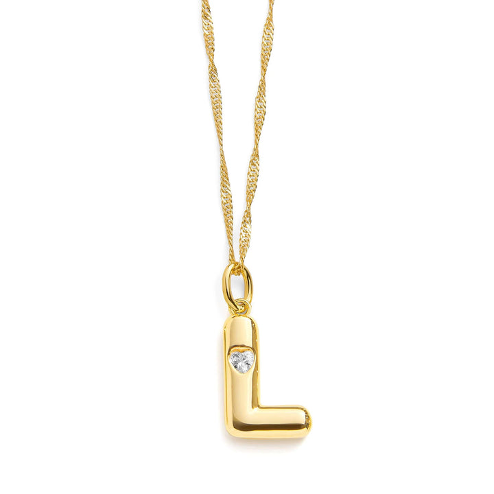 Personalized Bubble Letter Initial Necklace - Wearing Felicity Bubble-Letter-Initial-Necklace-Gold-L