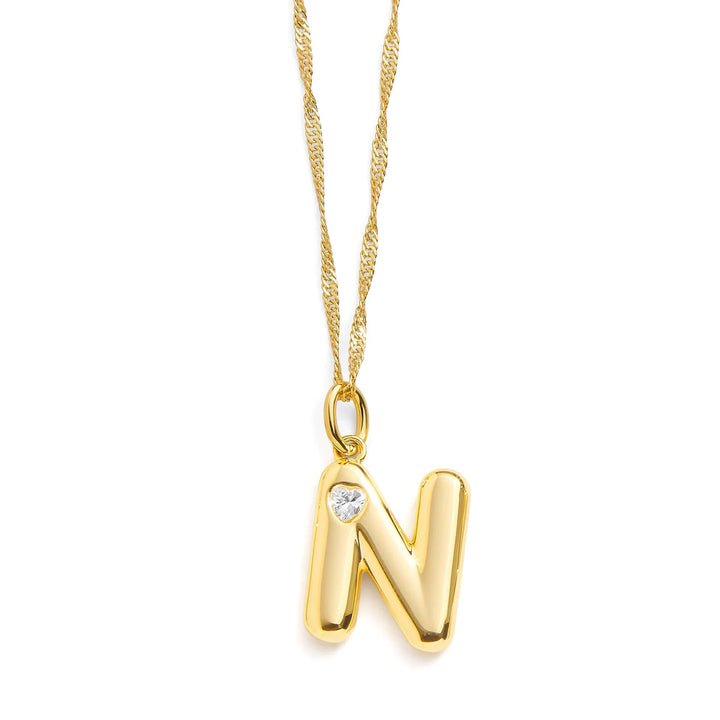 Personalized Bubble Letter Initial Necklace - Wearing Felicity Bubble-Letter-Initial-Necklace-Gold-N