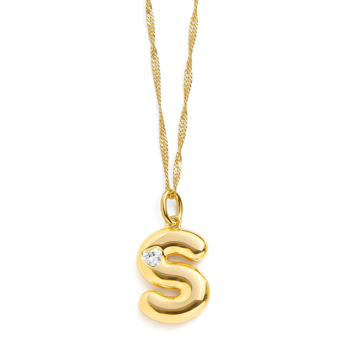 Personalized Bubble Letter Initial Necklace - Wearing Felicity Bubble-Letter-Initial-Necklace-Gold-S