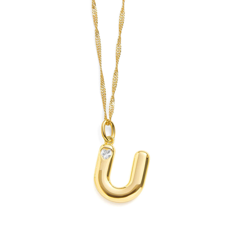 Personalized Bubble Letter Initial Necklace - Wearing Felicity Bubble-Letter-Initial-Necklace-Gold-U