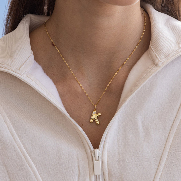 Personalized Bubble Letter Initial Necklace - Wearing Felicity Bubble-Letter-Initial-Necklace-Gold