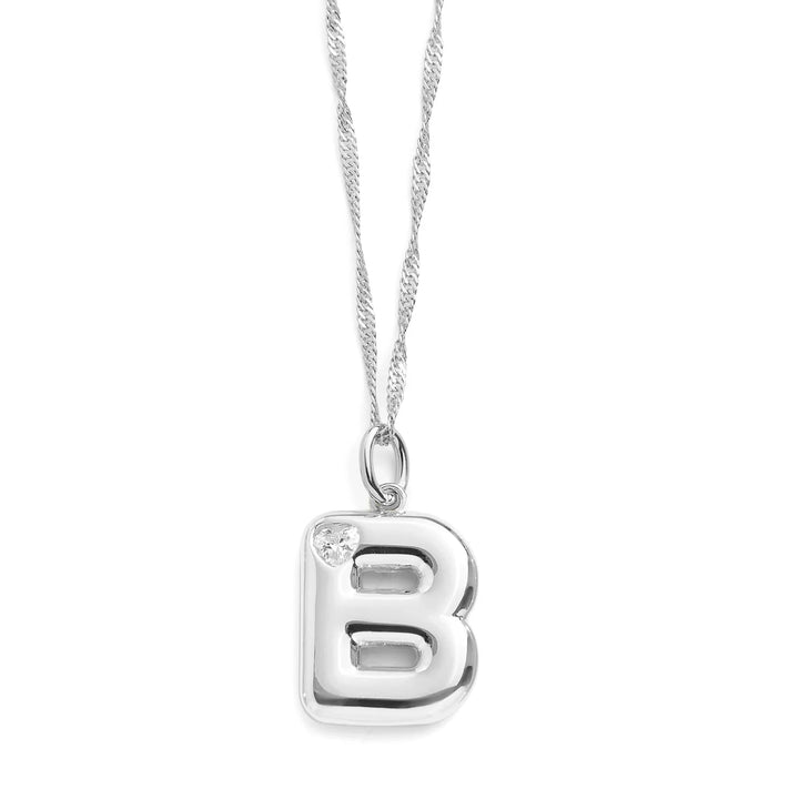 Personalized Bubble Letter Initial Necklace - Wearing Felicity Bubble-Letter-Initial-Necklace-Silver-B