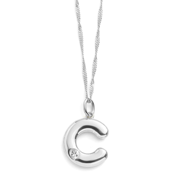 Personalized Bubble Letter Initial Necklace - Wearing Felicity Bubble-Letter-Initial-Necklace-Silver-C