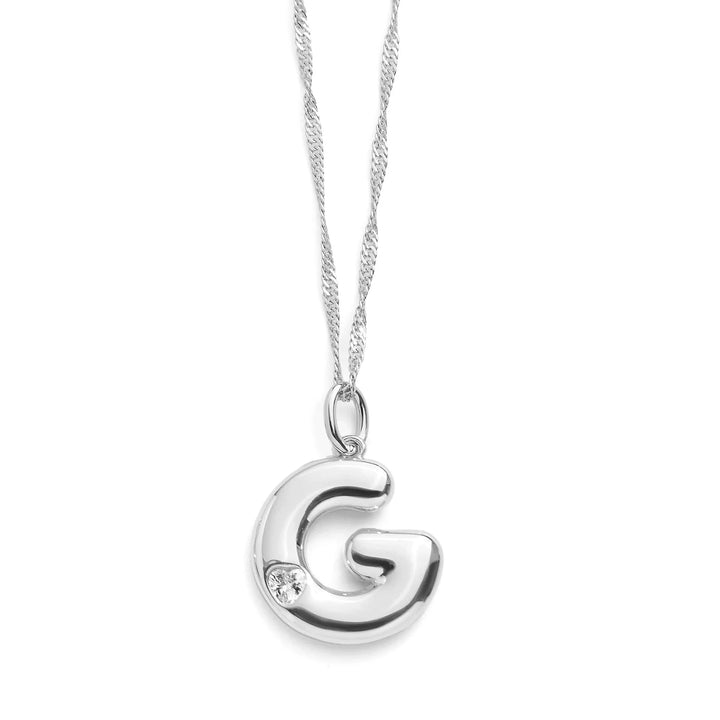 Personalized Bubble Letter Initial Necklace - Wearing Felicity Bubble-Letter-Initial-Necklace-Silver-G