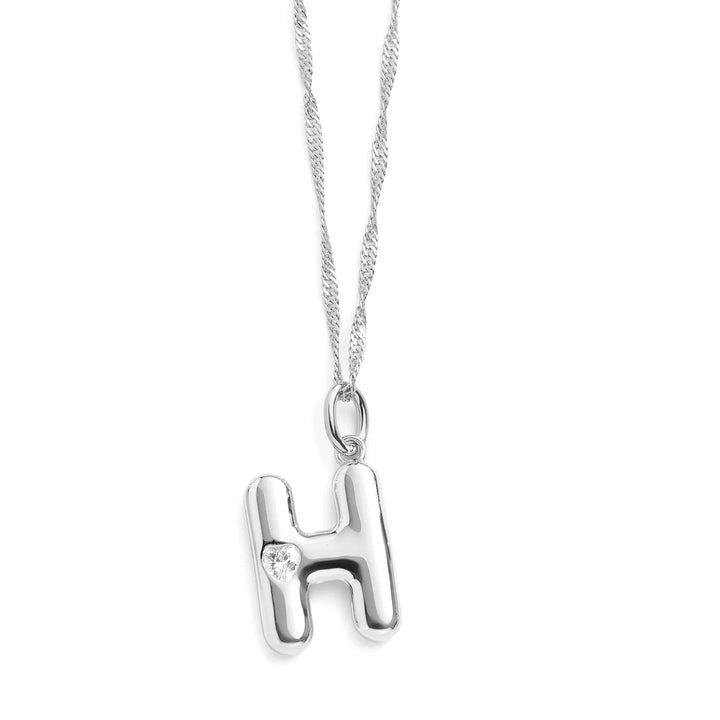 Personalized Bubble Letter Initial Necklace - Wearing Felicity Bubble-Letter-Initial-Necklace-Silver-H