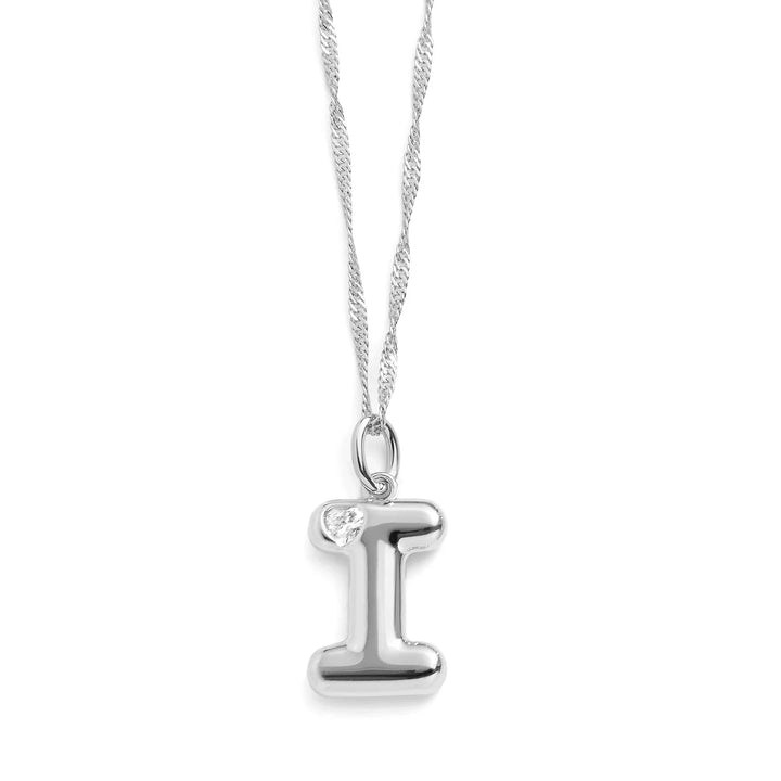 Personalized Bubble Letter Initial Necklace - Wearing Felicity Bubble-Letter-Initial-Necklace-Silver-I