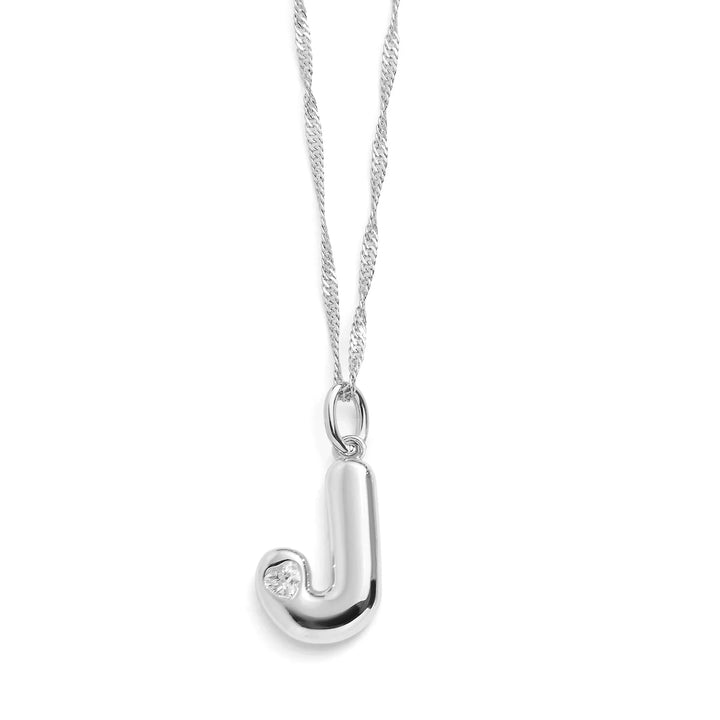 Personalized Bubble Letter Initial Necklace - Wearing Felicity Bubble-Letter-Initial-Necklace-Silver-J