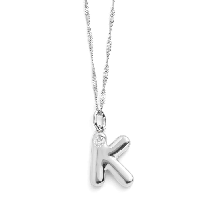 Personalized Bubble Letter Initial Necklace - Wearing Felicity Bubble-Letter-Initial-Necklace-Silver-K