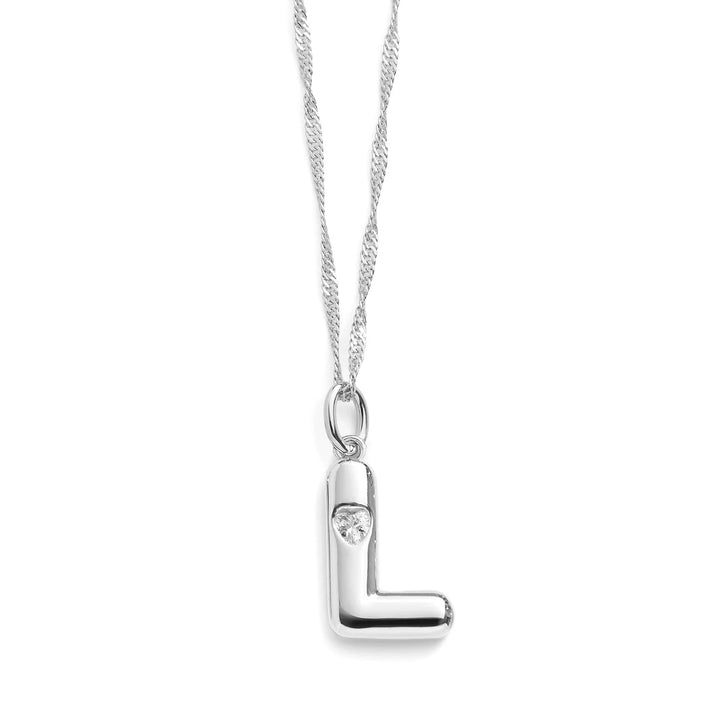 Personalized Bubble Letter Initial Necklace - Wearing Felicity Bubble-Letter-Initial-Necklace-Silver-L