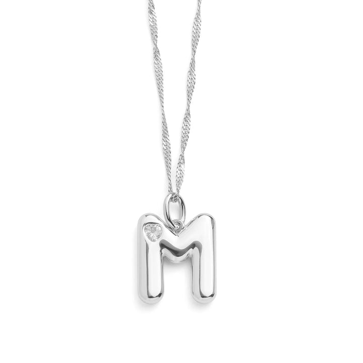 Personalized Bubble Letter Initial Necklace - Wearing Felicity Bubble-Letter-Initial-Necklace-Silver-M