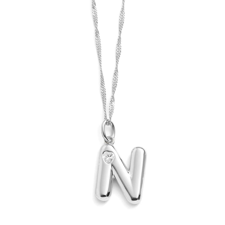 Personalized Bubble Letter Initial Necklace - Wearing Felicity Bubble-Letter-Initial-Necklace-Silver-N