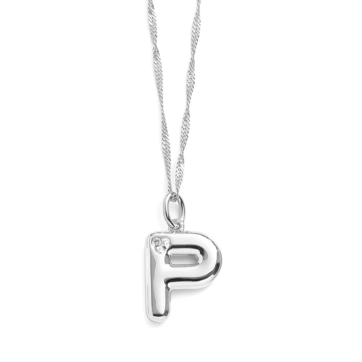 Personalized Bubble Letter Initial Necklace - Wearing Felicity Bubble-Letter-Initial-Necklace-Silver-P