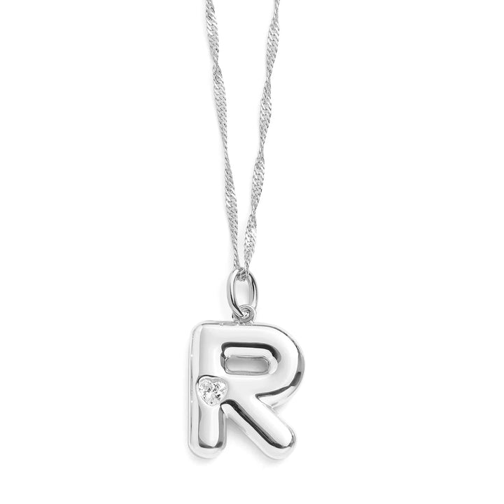 Personalized Bubble Letter Initial Necklace - Wearing Felicity Bubble-Letter-Initial-Necklace-Silver-R