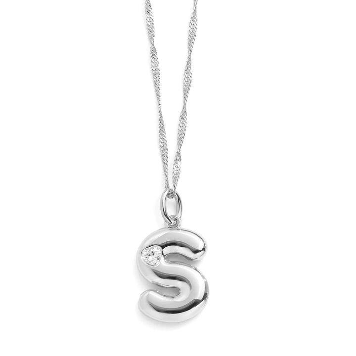 Personalized Bubble Letter Initial Necklace - Wearing Felicity Bubble-Letter-Initial-Necklace-Silver-S