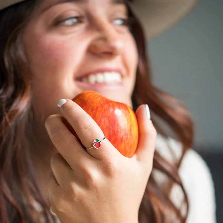 Stylish Enamel Apple Ring for Trendy Accessory Lovers - Wearing Felicity Enamel-Apple-Ring-02