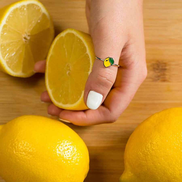 Stylish Enamel Lemon Ring - Trendy Jewelry Choice - Wearing Felicity Enamel-Lemon-Ring-04