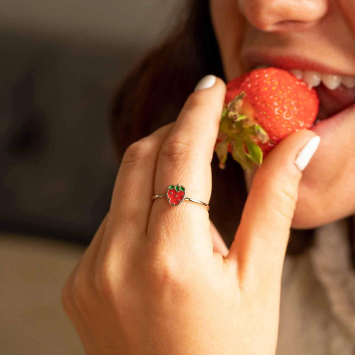 Enamel Strawberry Ring - Cute & Trendy Jewelry - Wearing Felicity Enamel-Strawberry-Ring-02