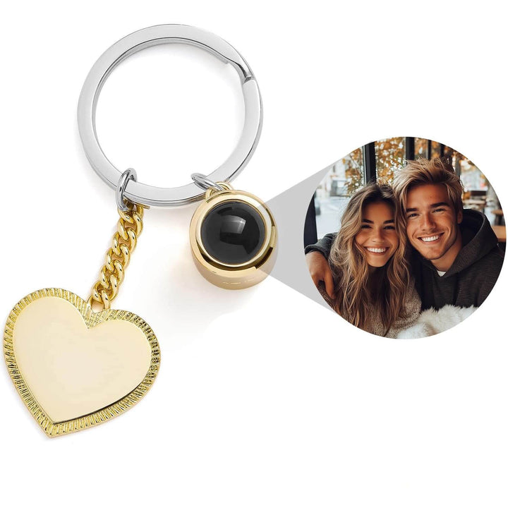 Personalized Engravable Heart Photo Keychain - Wearing Felicity Engravable-Heart-Photo-Keychain-Gold