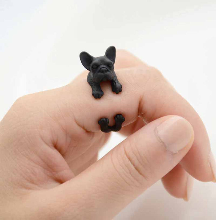 Stylish French Bull Dog Wrap Ring for Pet Lovers - Wearing Felicity French-Bull-Dog-Wrap-Ring-Black