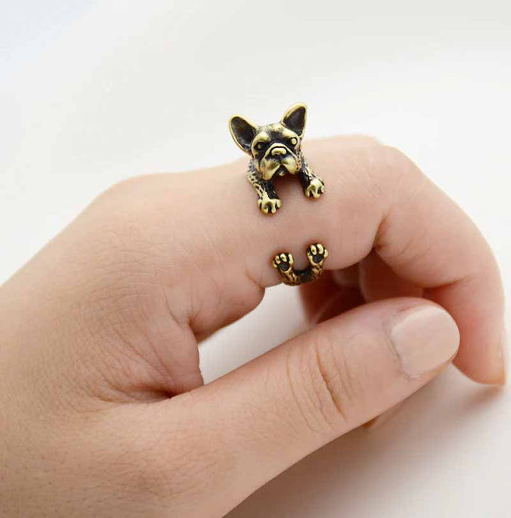 Stylish French Bull Dog Wrap Ring for Pet Lovers - Wearing Felicity French-Bull-Dog-Wrap-Ring-Gold