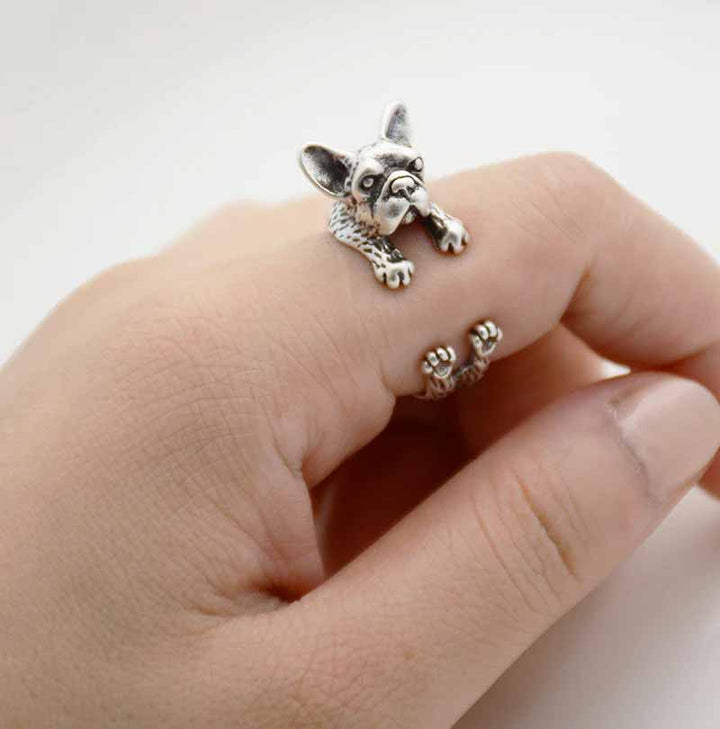 Stylish French Bull Dog Wrap Ring for Pet Lovers - Wearing Felicity French-Bull-Dog-Wrap-Ring-Silver