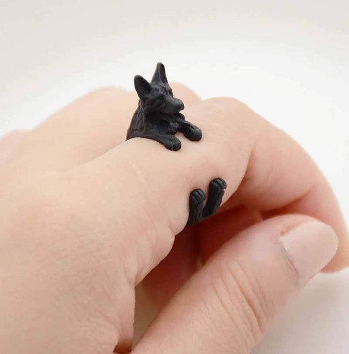 Stylish German Shepherd Wrap Ring for Dog Lovers - Wearing Felicity German-Shepherd-Wrap-Ring-Black