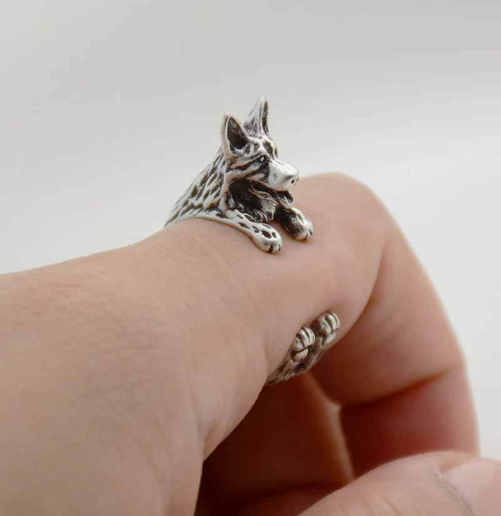 Stylish German Shepherd Wrap Ring for Dog Lovers - Wearing Felicity German-Shepherd-Wrap-Ring-Silver