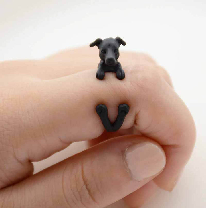 Stylish Greyhound Wrap Ring for Animal Lovers - Wearing Felicity Greyhound-Wrap-Ring-Black