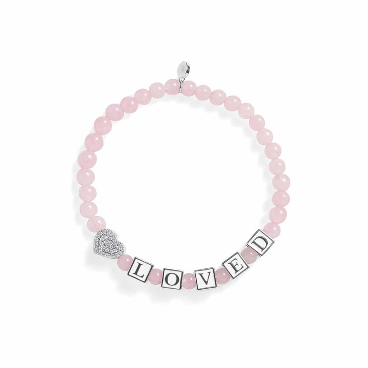 Beautiful LOVED Rose Quartz Stretch Bracelet for All -  Wearing Felicity LOVED-Rose-Quartz-Stretch-Bracelet-01