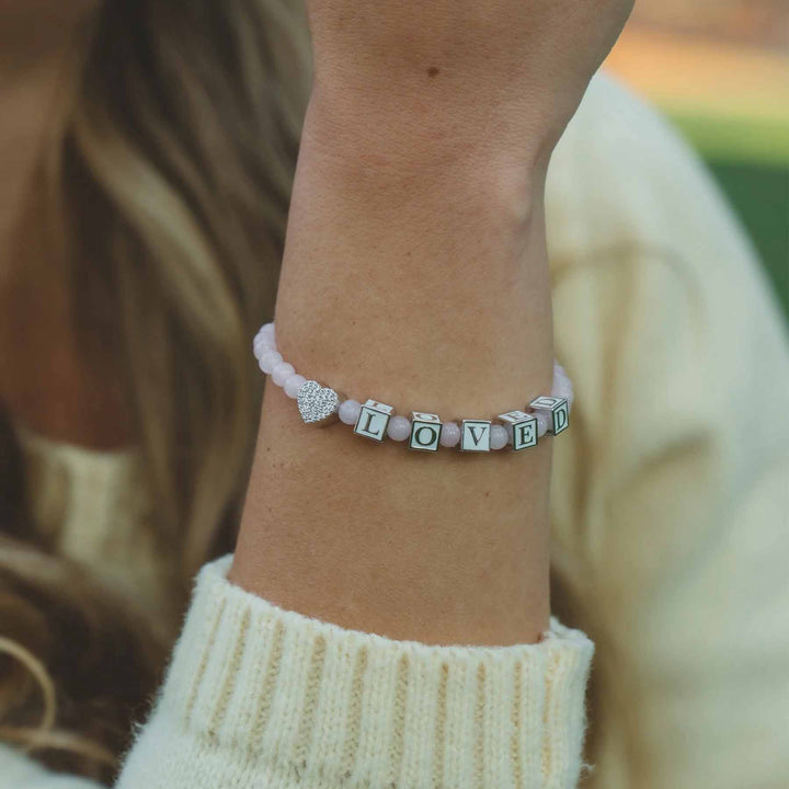 Beautiful LOVED Rose Quartz Stretch Bracelet for All -  Wearing Felicity LOVED-Rose-Quartz-Stretch-Bracelet-02