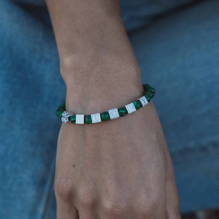 LUCKY Malachite Stretch Bracelet for Positive Energy -  Wearing Felicity LUCKY-Malachite-Stretch-Bracelet-02