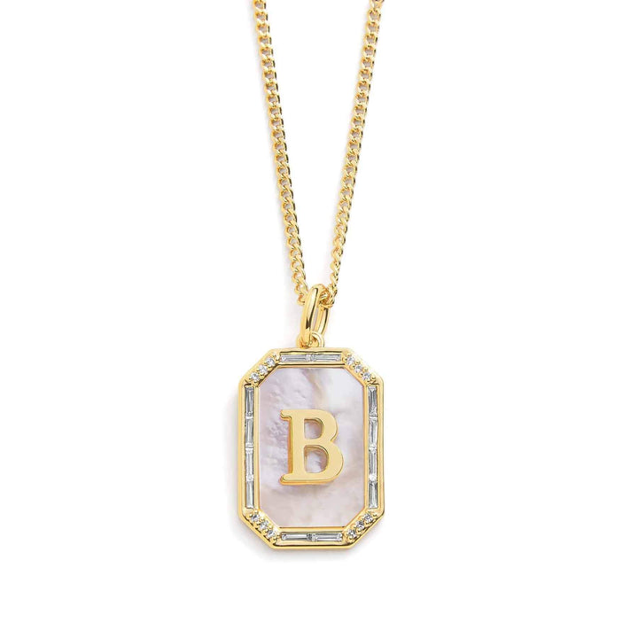 Elegant Mother Of Pearl Initial Necklace - Wearing Felicity Mother-Of-Pearl-Initial-Necklace-Gold-B