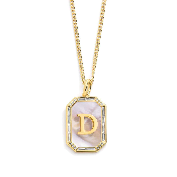 Elegant Mother Of Pearl Initial Necklace - Wearing Felicity Mother-Of-Pearl-Initial-Necklace-Gold-D