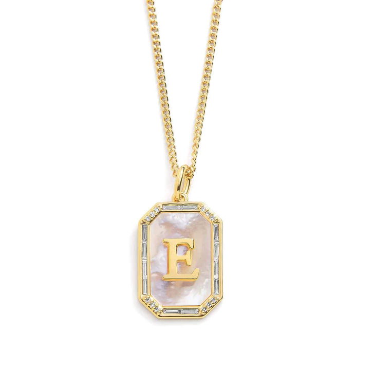 Elegant Mother Of Pearl Initial Necklace - Wearing Felicity Mother-Of-Pearl-Initial-Necklace-Gold-E