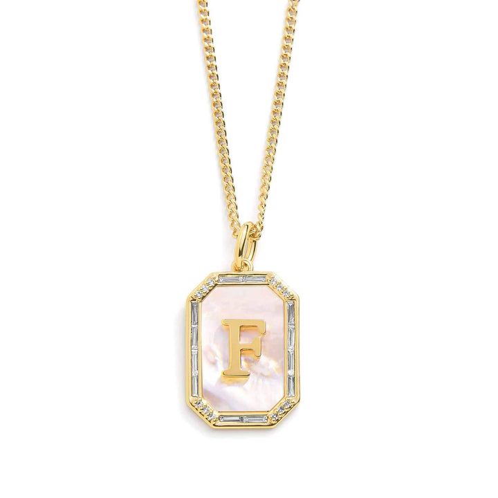 Elegant Mother Of Pearl Initial Necklace - Wearing Felicity Mother-Of-Pearl-Initial-Necklace-Gold-F