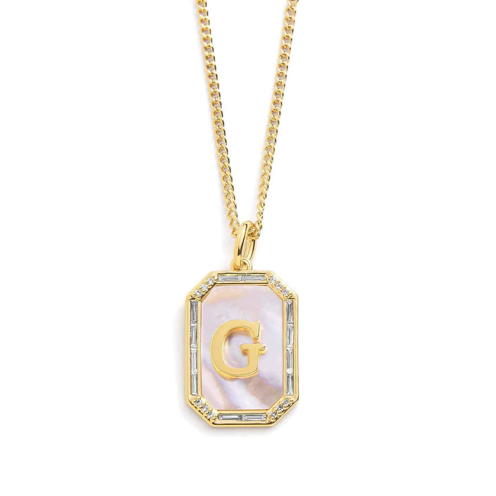 Elegant Mother Of Pearl Initial Necklace - Wearing Felicity Mother-Of-Pearl-Initial-Necklace-Gold-G