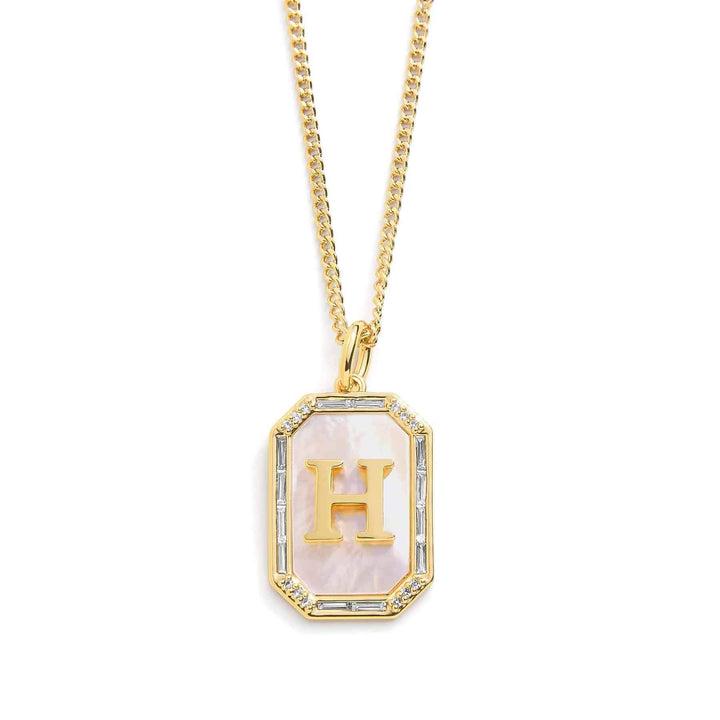 Elegant Mother Of Pearl Initial Necklace - Wearing Felicity Mother-Of-Pearl-Initial-Necklace-Gold-H