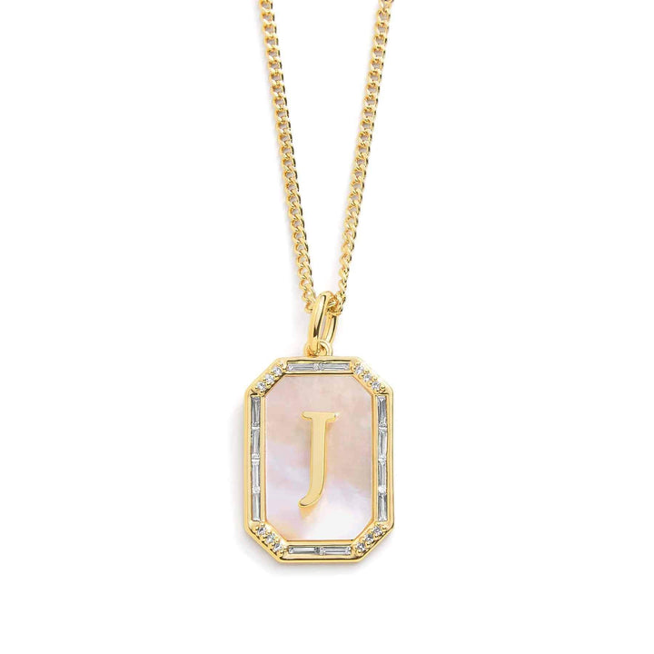 Elegant Mother Of Pearl Initial Necklace - Wearing Felicity Mother-Of-Pearl-Initial-Necklace-Gold-J