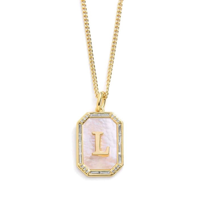 Elegant Mother Of Pearl Initial Necklace - Wearing Felicity Mother-Of-Pearl-Initial-Necklace-Gold-L