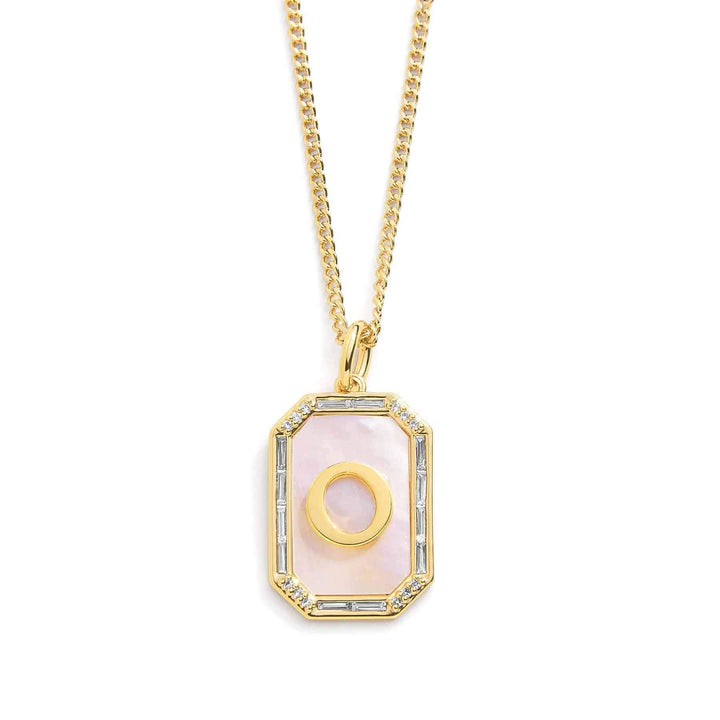 Elegant Mother Of Pearl Initial Necklace - Wearing Felicity Mother-Of-Pearl-Initial-Necklace-Gold-O