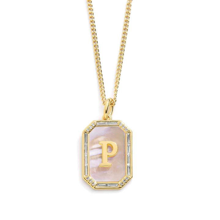 Elegant Mother Of Pearl Initial Necklace - Wearing Felicity Mother-Of-Pearl-Initial-Necklace-Gold-P