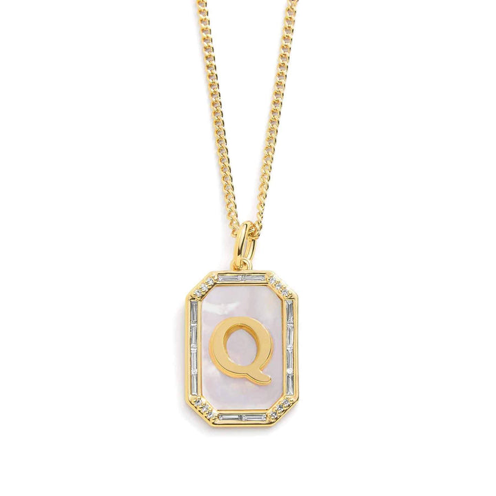 Elegant Mother Of Pearl Initial Necklace - Wearing Felicity Mother-Of-Pearl-Initial-Necklace-Gold-Q