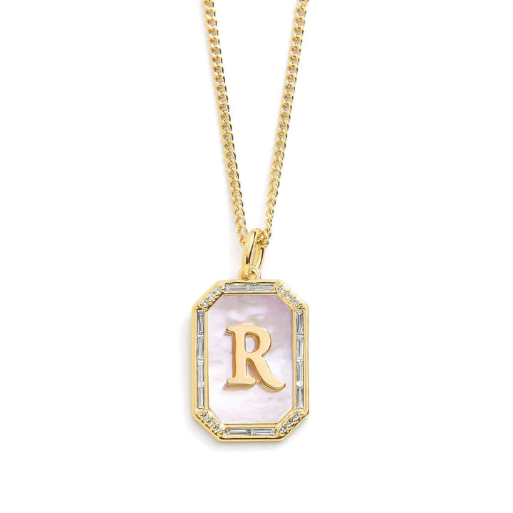 Elegant Mother Of Pearl Initial Necklace - Wearing Felicity Mother-Of-Pearl-Initial-Necklace-Gold-R